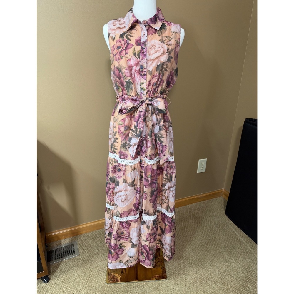 Lucky & Coco Floral Maxi Dress M Lyocell Lace Trim Belted Button Front Boho